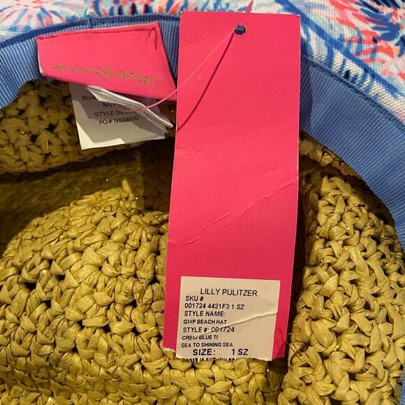 NWT Lilly Pulitzer Straw/Fabric Floppy Beach Hat in Blue Sea to Shining Sea OS main image 5